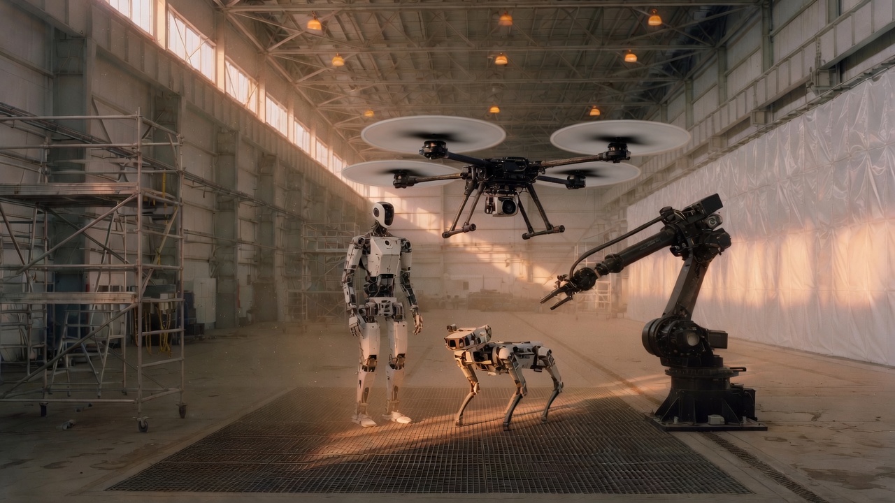 Humanoid, quadruped, arm, and quadrotor in a sunlit hangar